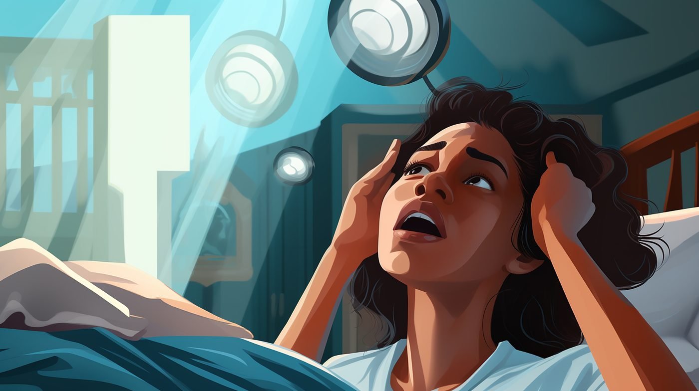 Illustration of a woman jolted awake at night, holding her head after a disrupted night's sleep